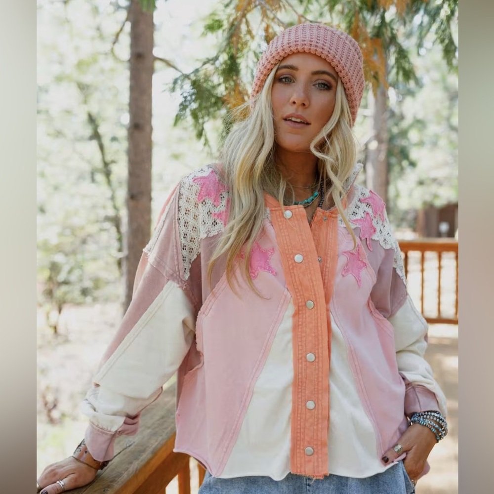 Oli & Hali Boho Pink And Cream Star Patchwork Jac… - image 3